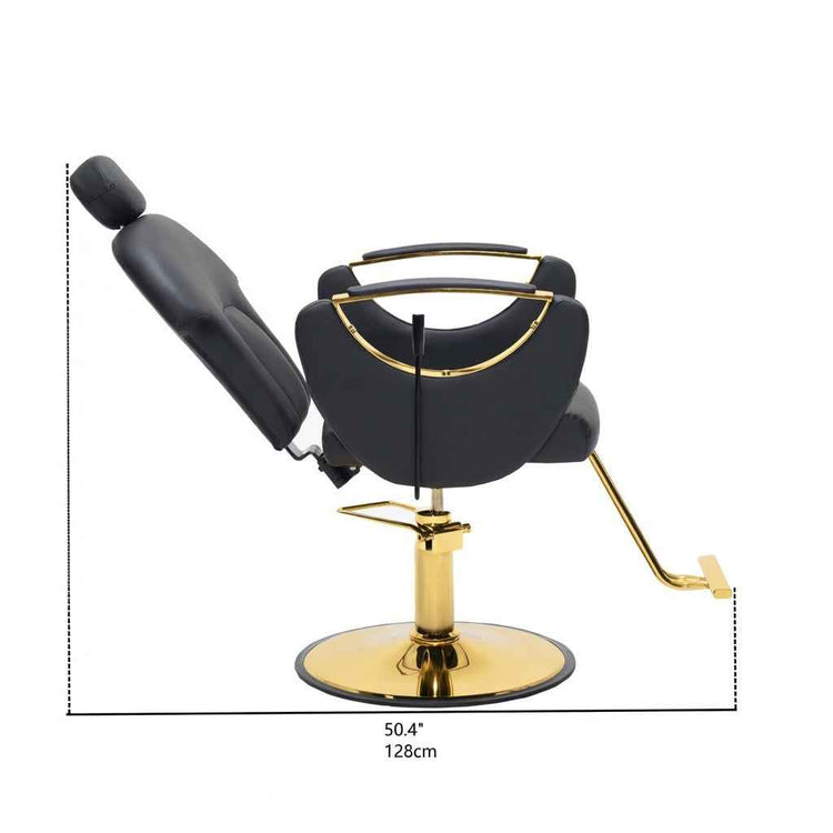 Black leather barber chair with gold metal base and armrests, shown with dimension lines and text indicating 50.4 inches (128 cm) height.