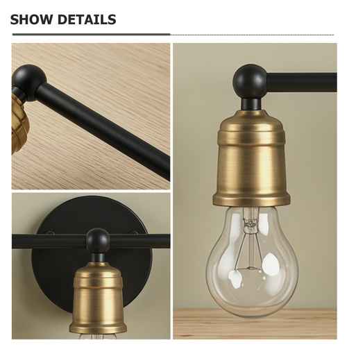Light fixture with brass socket and clear bulb on a wooden surface.