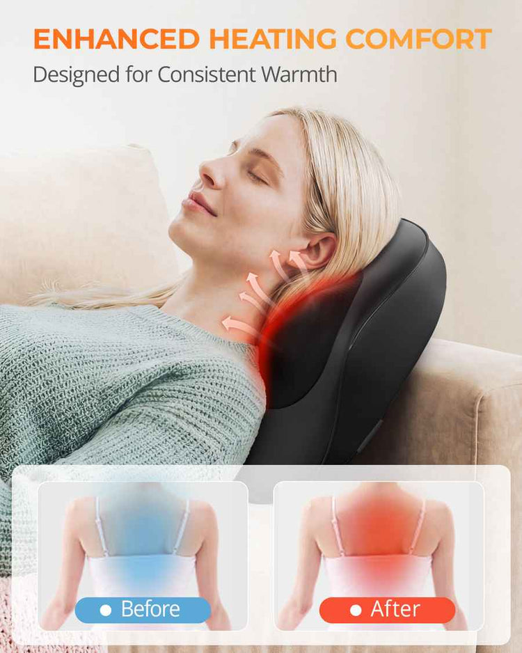 Woman relaxing with neck massage pillow, illustrating enhanced heating comfort and relief from neck tension, with before and after images