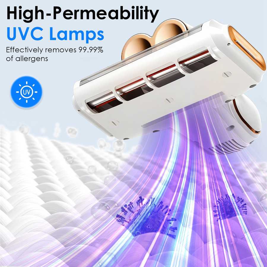 Bottom view of Mattress Vacuum Cleaner with high-permeability UVC lamps that eliminate 99.99% of allergens from bedding surfaces.