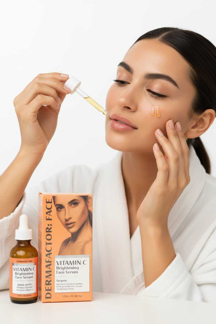 Vitamin C brightening face serum packaging with a bottle on a surface.
