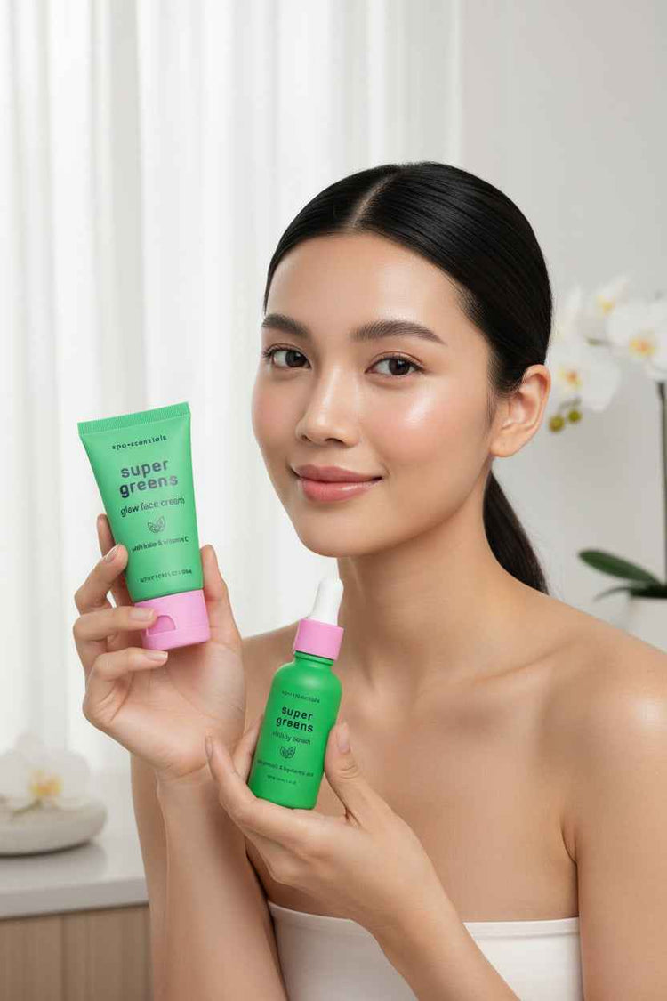 Spa-centricals Super Greens Glow Face Cream in a green squeeze tube with a pink cap, shown next to a matching green dropper bottle with a pink collar on a wooden surface.