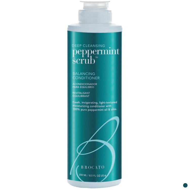 Teal bottle of Brocato Peppermint Scrub Balancing Conditioner on a white background