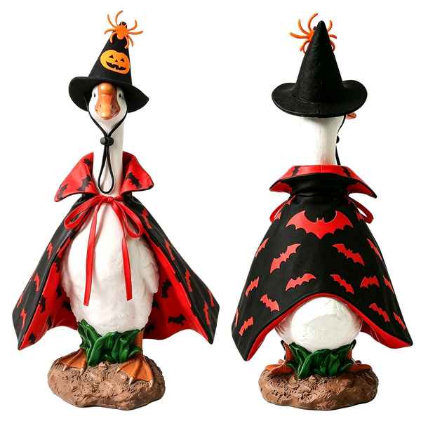 Two views of a decorative goose figurine dressed as a witch, shown front and back on a plain white background. The goose wears a black witch hat with an orange jack-o&