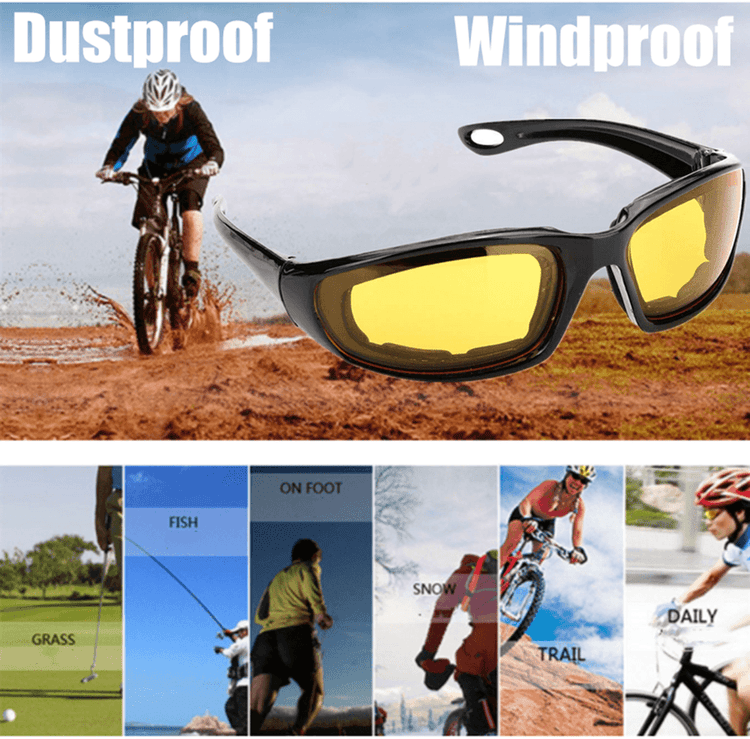 Sunglasses with yellow lenses on a background of outdoor activities like cycling and fishing.