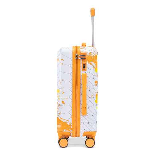 Orange and white suitcase with a geometric pattern on a white background