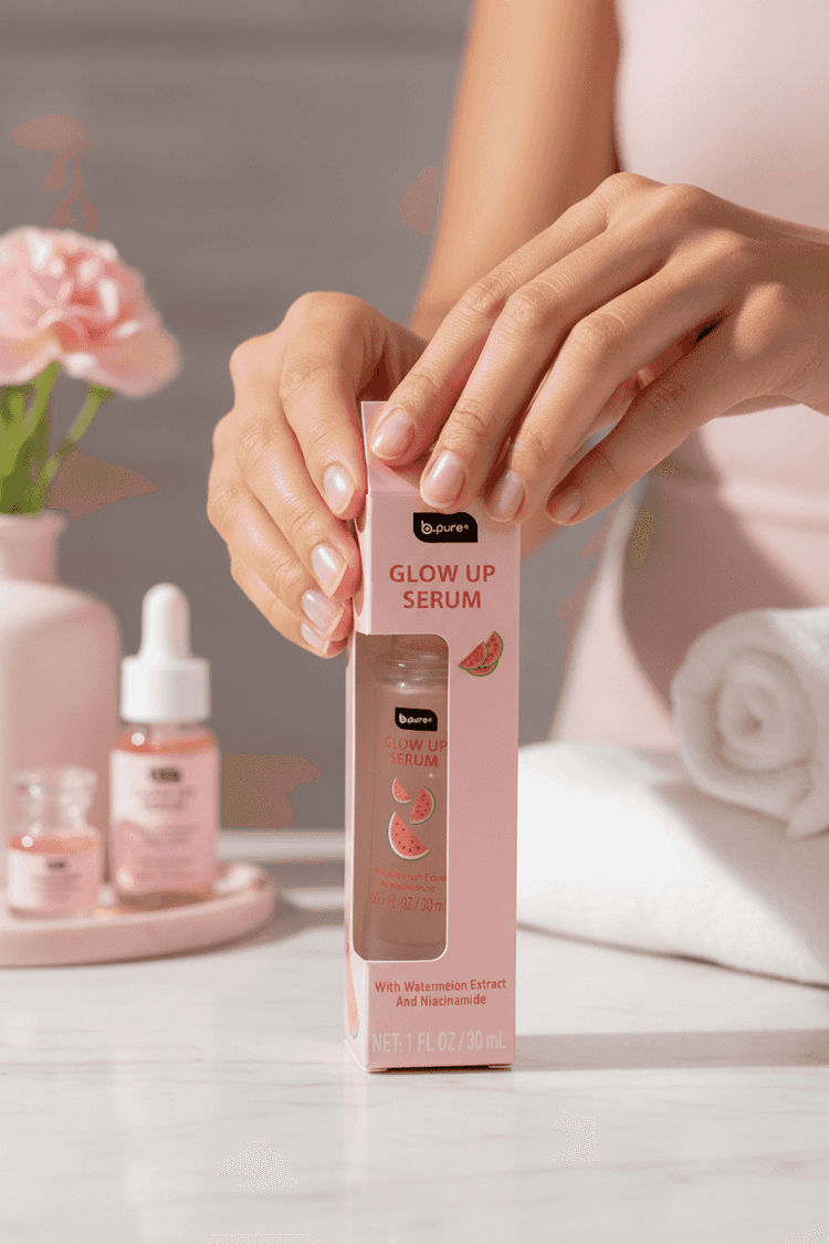 Glow Up Serum packaging with pink background