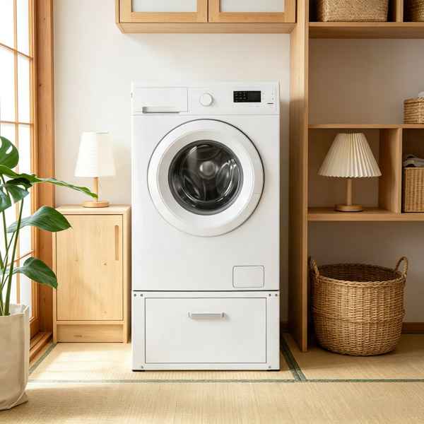 A white front-loading washing machine with a built-in drawer base stands in a bright, modern laundry room with wooden shelving, woven baskets, and a potted plant.