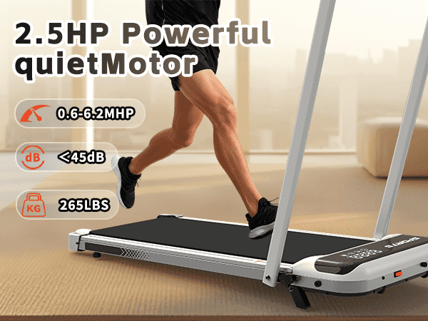 Person using a treadmill with text highlighting its features on a blurred indoor background