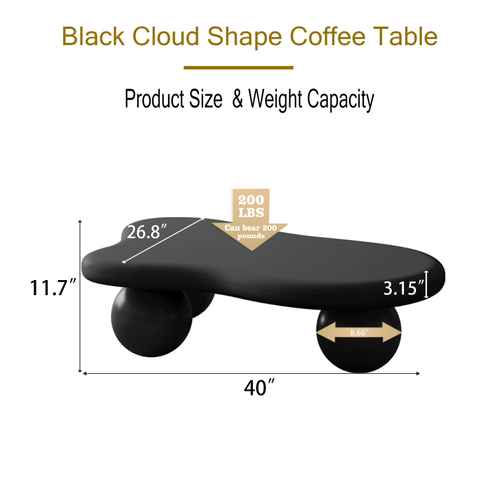 Black Cloud Coffee Table - 40 Inch with ball legs, showing dimensions and 200 lbs weight capacity, ideal for modern accent table needs.