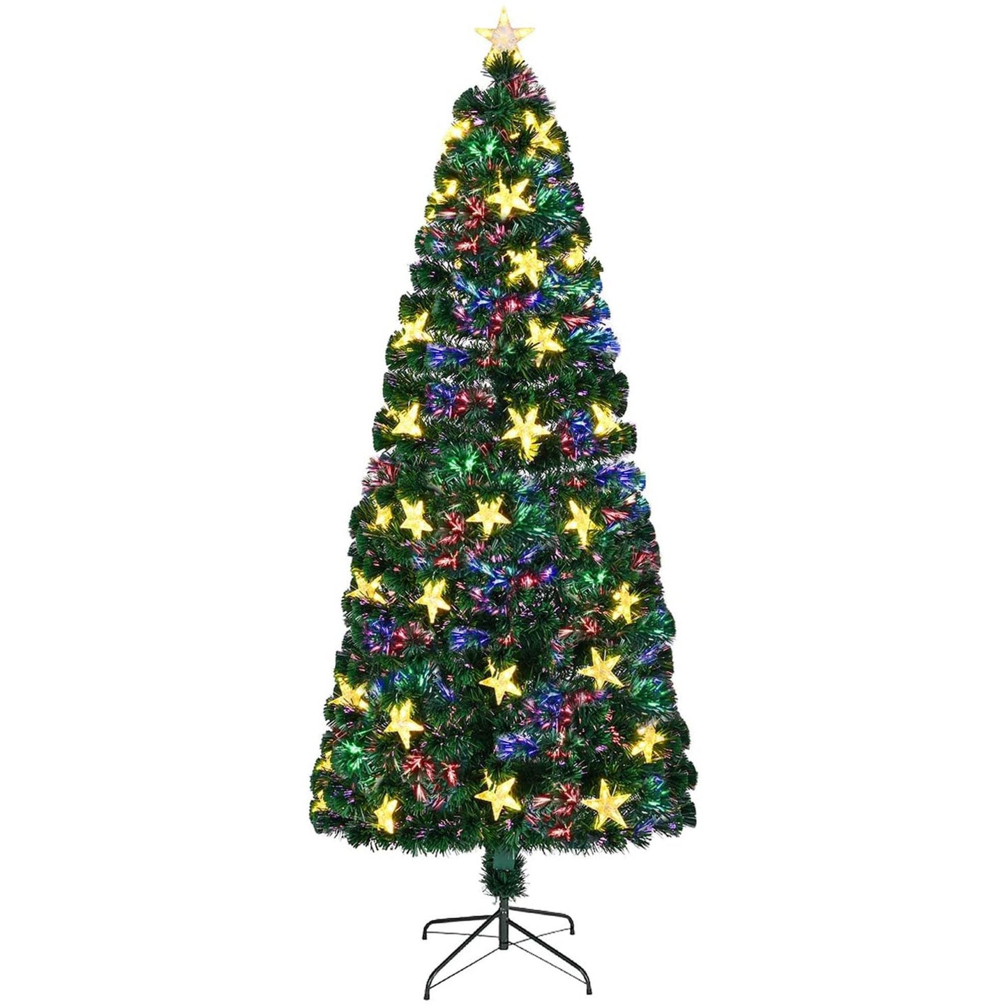 6FT Pre-lit Fiber Optic Christmas Tree with Large Stars, Artificial Christmas Tree Spruce Tree Color Changing Optical Fiber Lights,with Metal Stand,Full Tree for Holiday Decoration