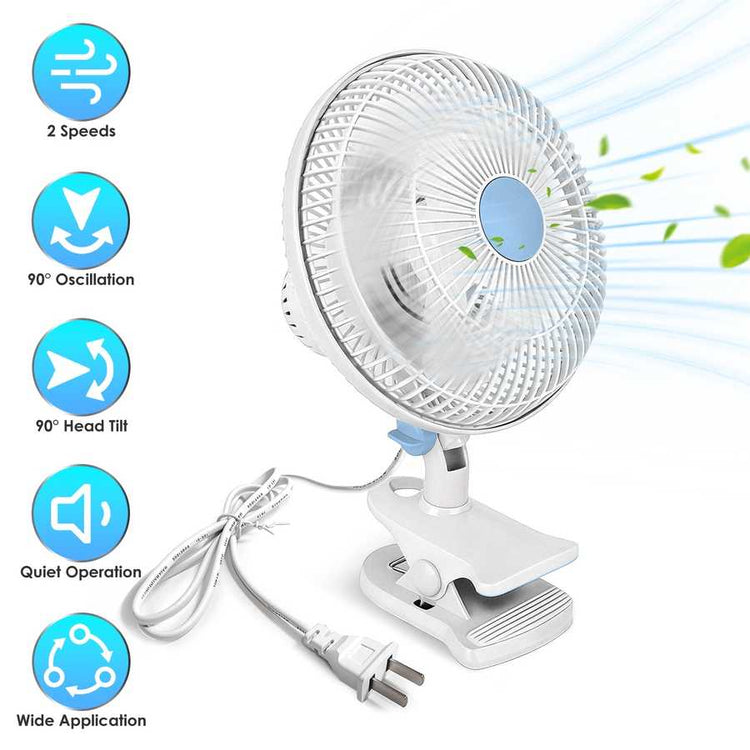 Clip on oscillating fan with 2 speeds and adjustable head tilt