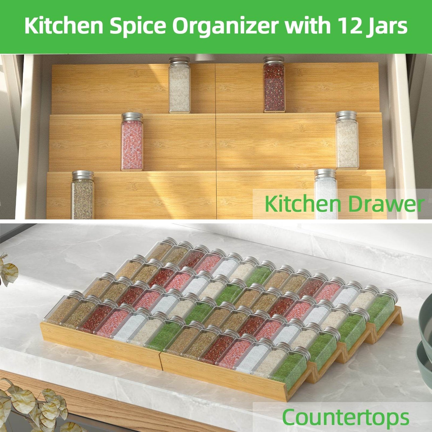 mlnshops Bamboo Spice Rack Organizer Drawer Set