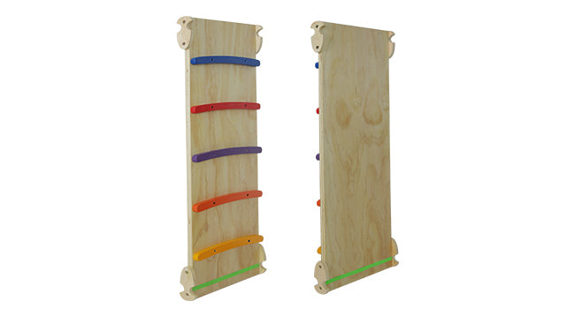 Wooden climbing toy with colorful rungs on a white background