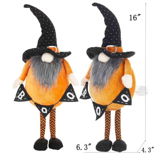 Halloween fabric gnome decor set featuring two plush gnomes with tall black hats, orange outfits, striped legs, and festive banners, 16 inches tall.