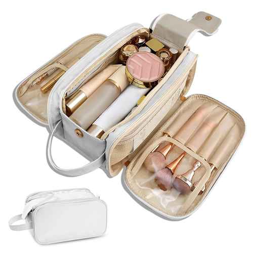 Large capacity waterproof travel cosmetic organizer with multiple compartments for makeup and beauty essentials