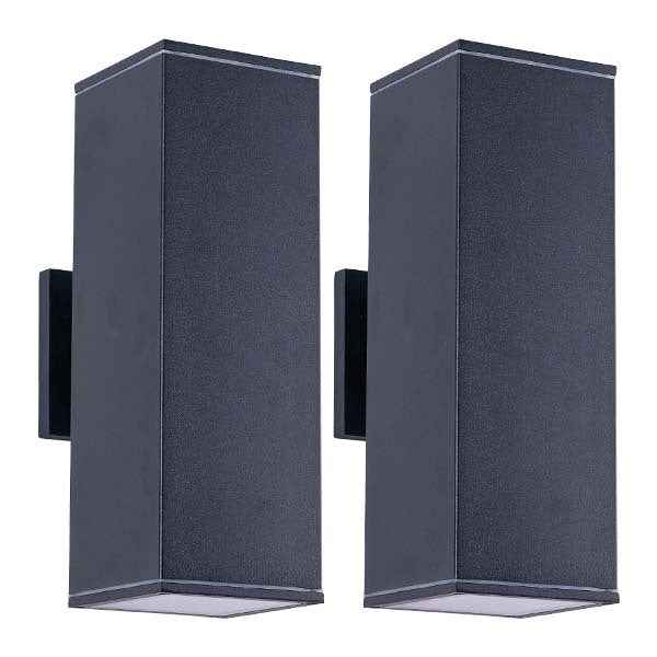 Two dark gray outdoor wall lights on a white background