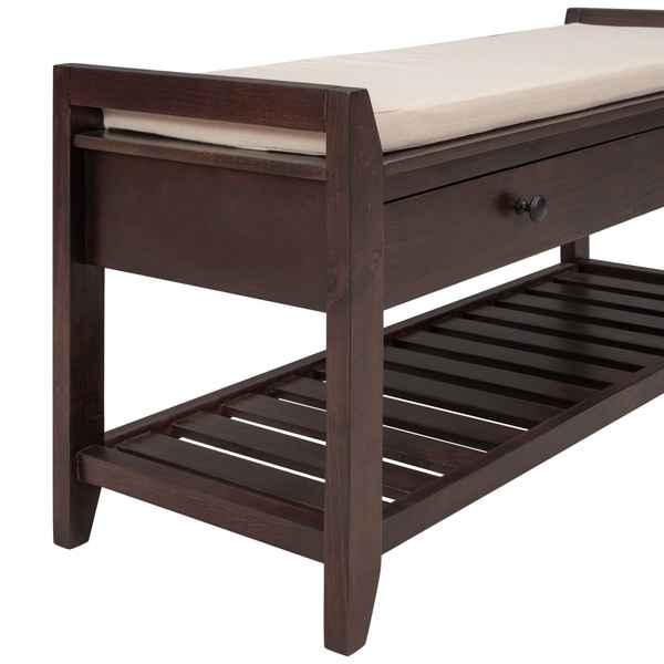 Wooden bench with a cushioned seat and storage drawer on a white background
