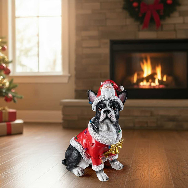 Christmas French Bulldog statue on a hearth