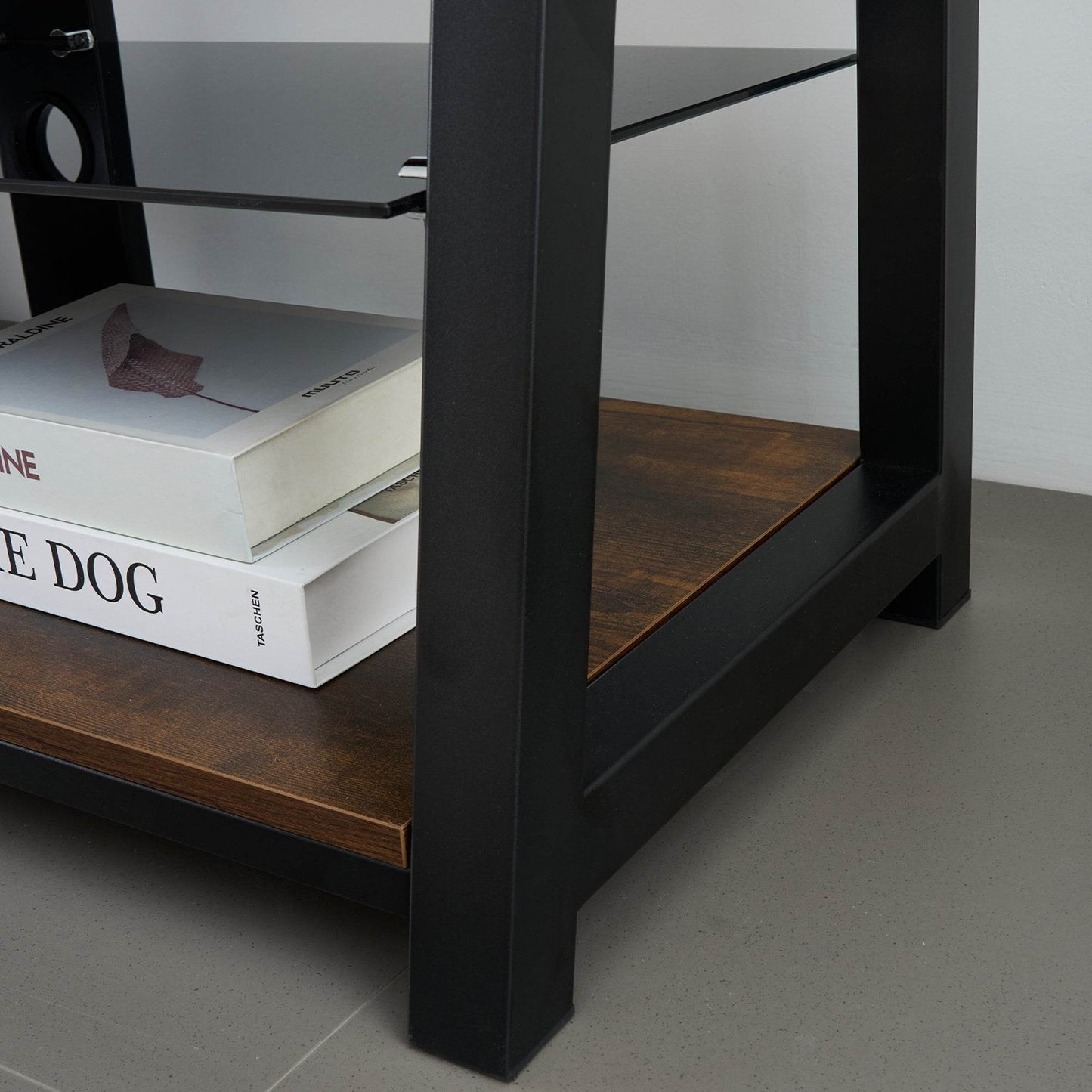 MLNshops rustic brown wooden TV stand, 3-Tier Glass