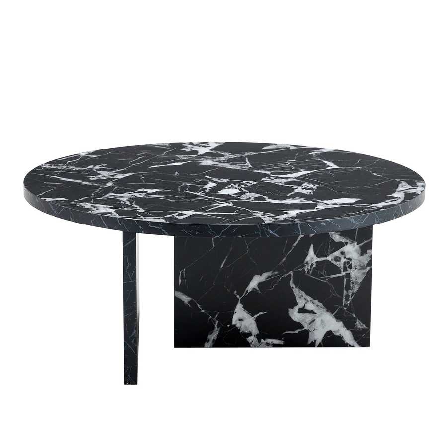 Black MDF round coffee table with modern minimalism design, featuring a marble-look finish and asymmetrical base. Ideal for contemporary interiors.