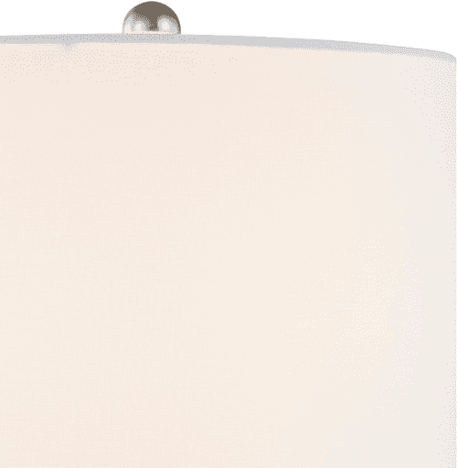 Close-up of a large off-white fabric lampshade with a small metallic silver finial visible at the top edge against a white background.