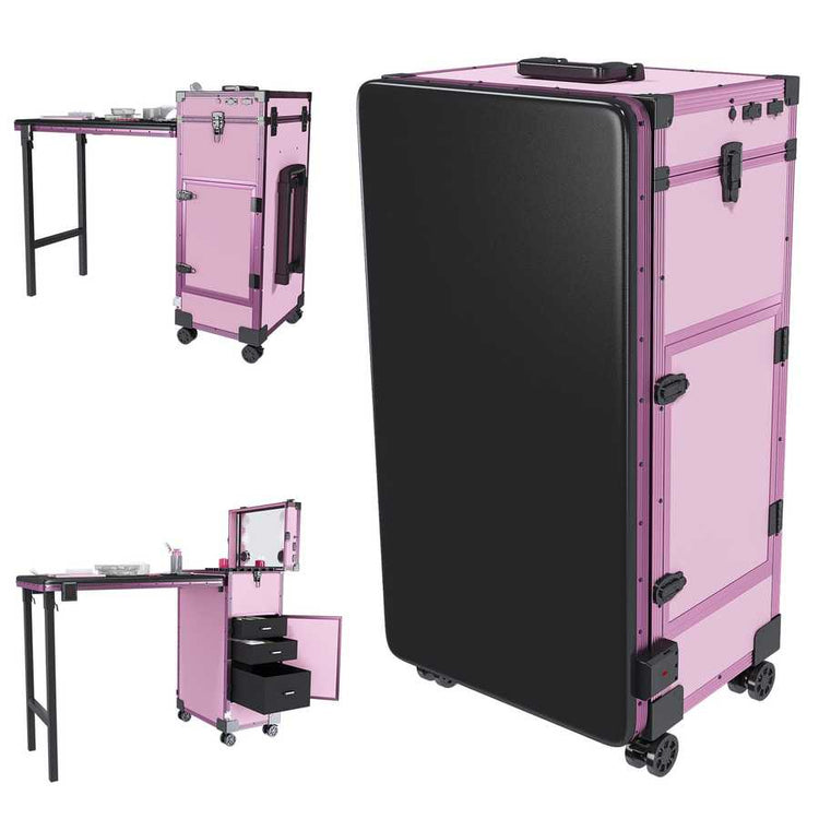 Pink portable nail art table with LED mirror and lockable drawers