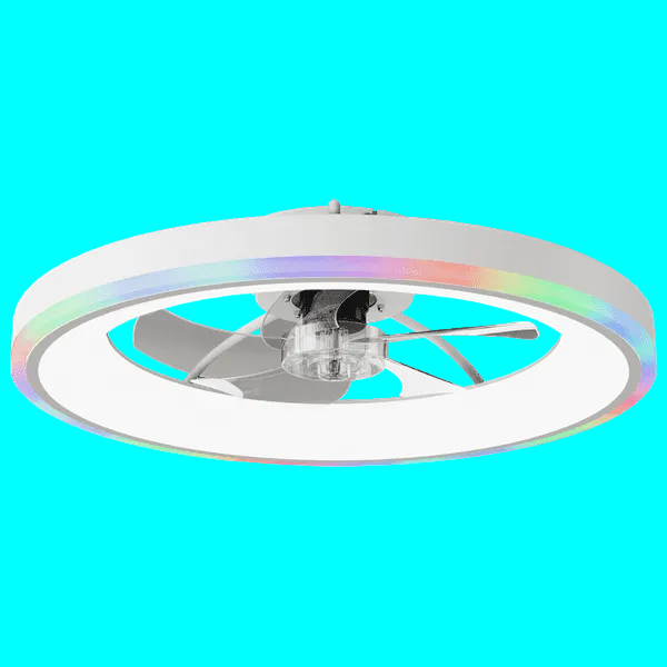 A modern circular ceiling fan light with a white outer ring and a clear central fan blade, featuring a multicolor LED light strip around the edge.