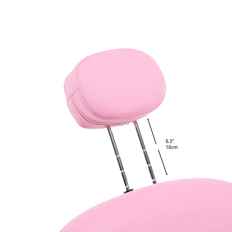 Pink padded headrest with adjustable metal legs and a dimension marker showing 6.3 inches (16 cm) height, isolated on a white background.