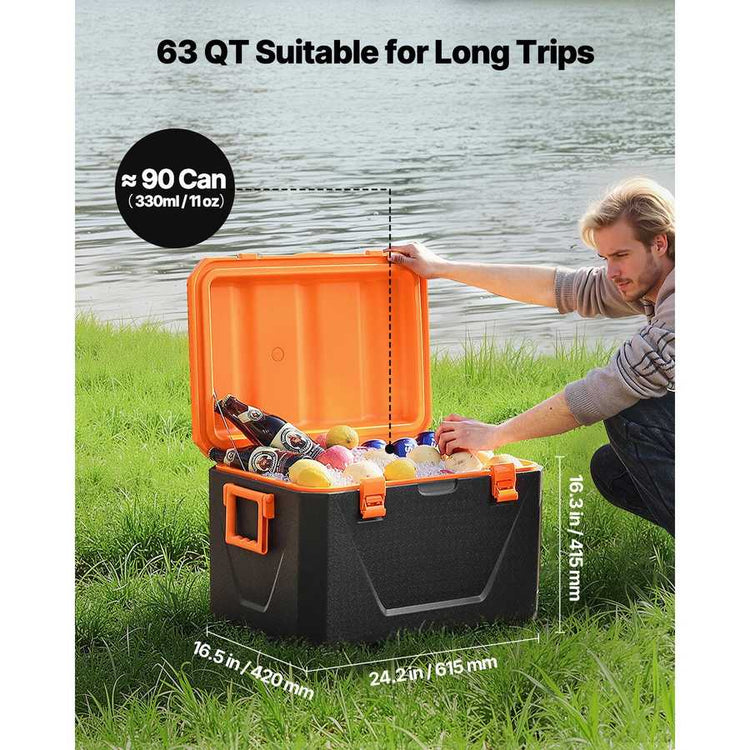 Orange and black cooler box with drinks by a lake, showing capacity and dimensions.