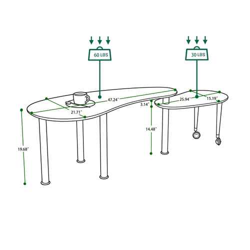 360 Rotatable Coffee Table dimensions and weight capacity diagram, showcasing dual-tier design with rotating tabletop and wheeled lower section.