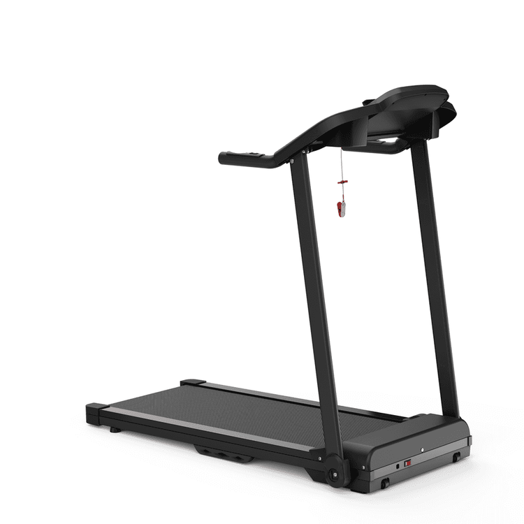 Side view of foldable treadmill with black frame and textured running surface