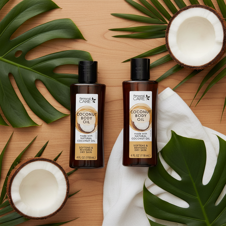 Coconut Body Oil Pack lifestyle flat lay on wood surface with coconut halves and tropical leaves