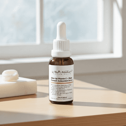 Skincare serum bottle on a wooden surface with a window in the background
