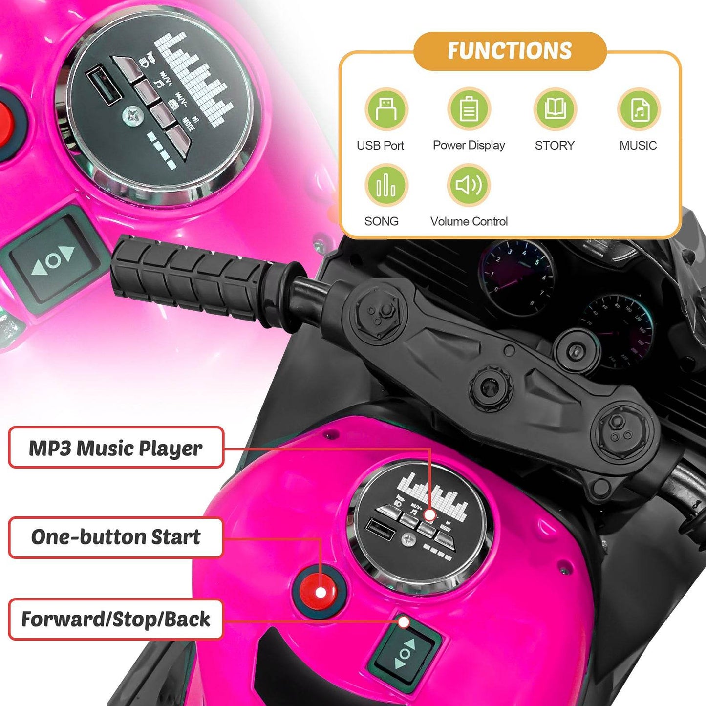 mlnshops Pink Powered Toy Motorcycle for Kids with LED Wheels