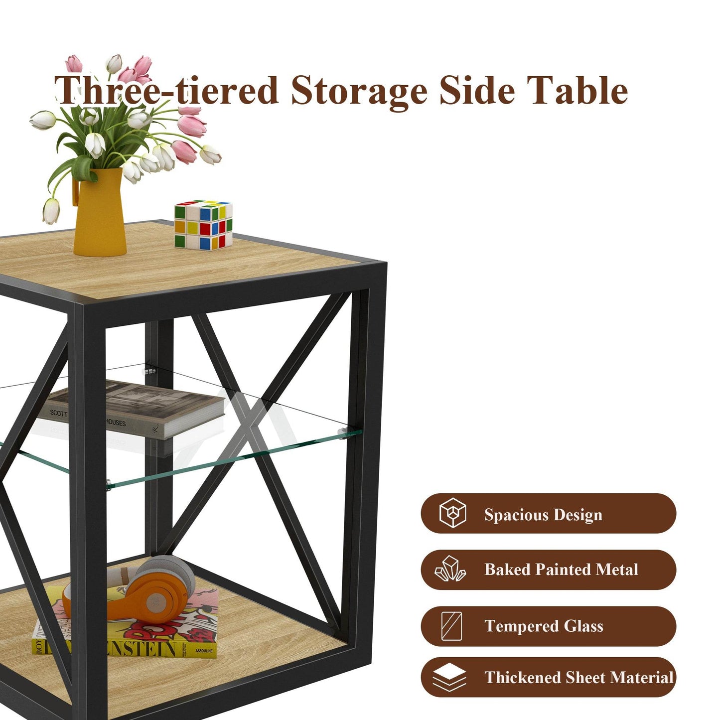MLNshops Tempered Glass Side Table Wood Frame End Table