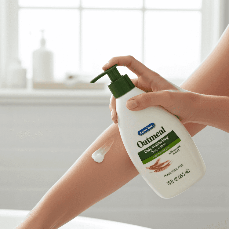 Person applying oatmeal-based lotion to their leg with a blurred background