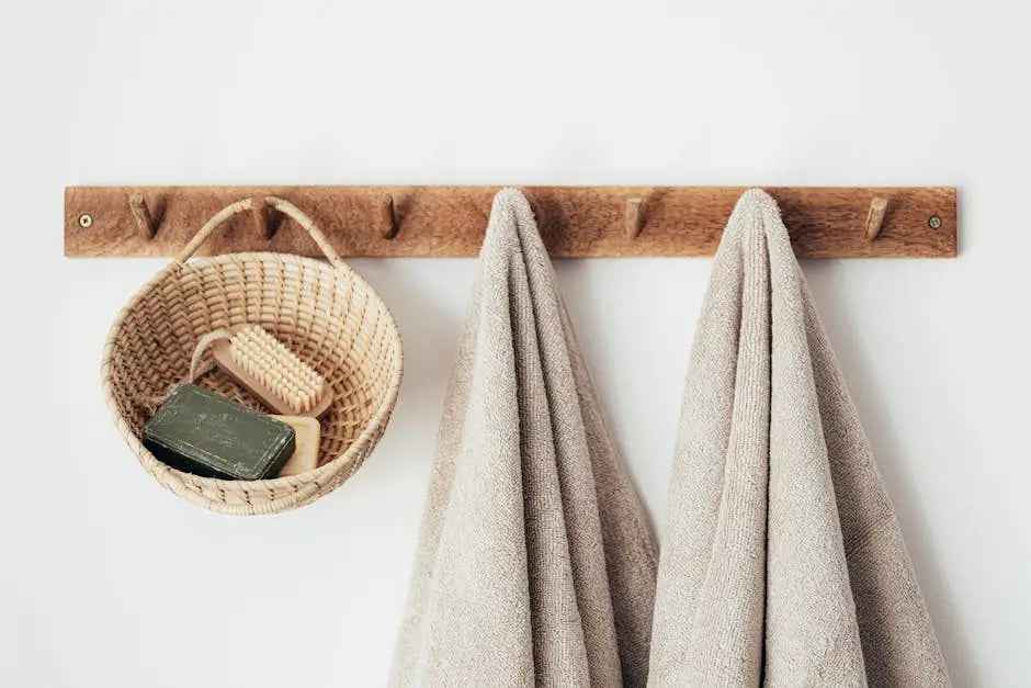 Wooden wall rack with beige towels and a wicker basket holding soap and a brush