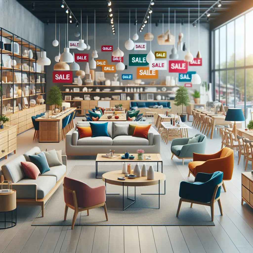 Modern furniture store interior with sofas, chairs, sale signs, and bright natural lighting.