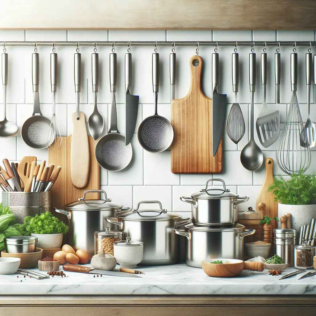 Modern kitchen with stainless steel pots, utensils, cutting boards, herbs, and fresh vegetables