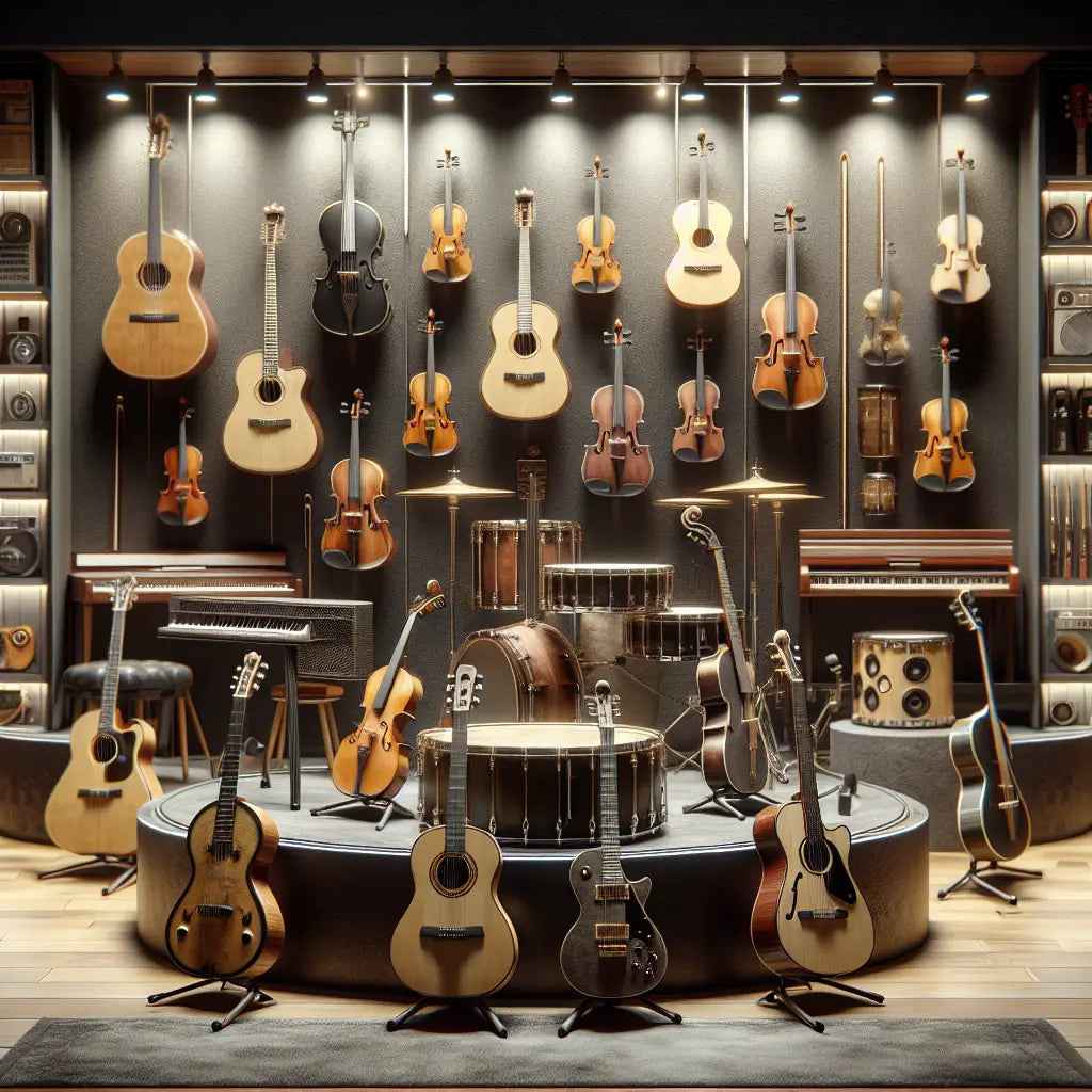 Music store display with guitars, violins, drums, keyboards, and vintage audio equipment