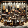 Music store display with guitars, violins, drums, keyboards, and vintage audio equipment