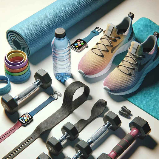Colorful running shoes, yoga mat, dumbbells, fitness bands, water bottle, smartwatches, and earplugs on a gym surface