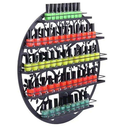 Round metal wall-mounted nail polish rack with colorful bottles organized on shelves
