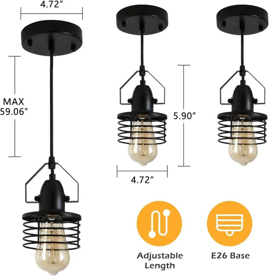 Industrial black pendant light fixtures with cage design, adjustable length, E26 base, measurements shown.