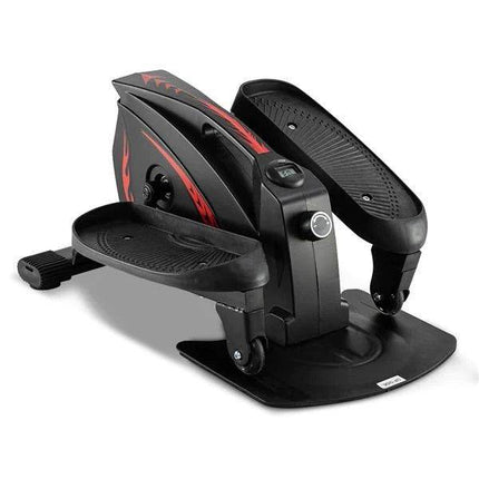 Compact black and red under desk elliptical exercise machine with textured pedals