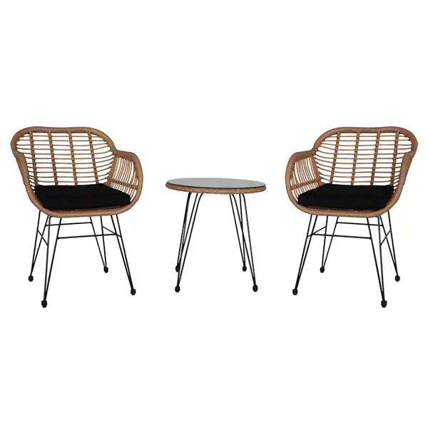 Rattan patio bistro set with two wicker armchairs and a round side table