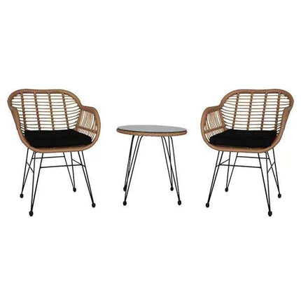 Rattan patio bistro set with two wicker armchairs and a round side table