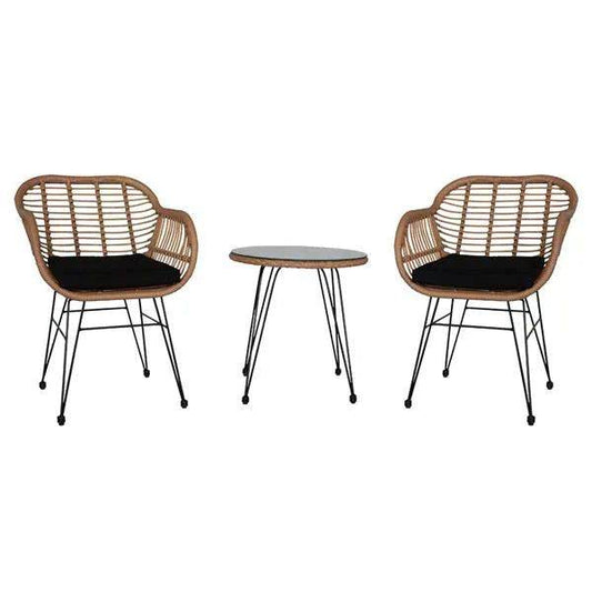 Rattan patio bistro set with two wicker armchairs and a round side table