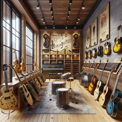 Modern musical instrument store with guitars, violins, keyboard, and drum set display